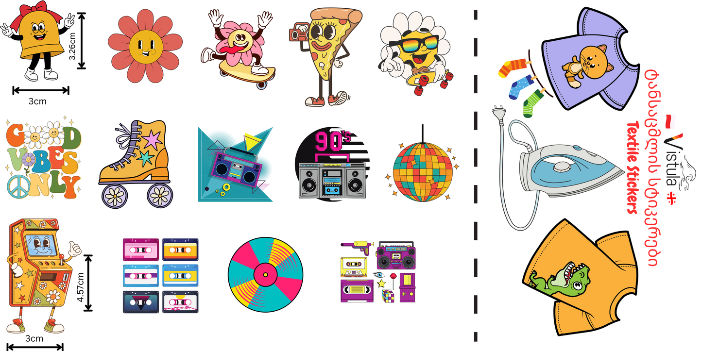 ტანსაცმელზე (ტექსტილზე) გადასატანი სტიკერები 14 ცალიანი სეტი/ Textile Stickers 14 Pieces Set